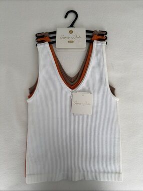 Gypsy + Jade Ribbed V-Neck Tank Trio - White, Rust, Brown- Size S/M